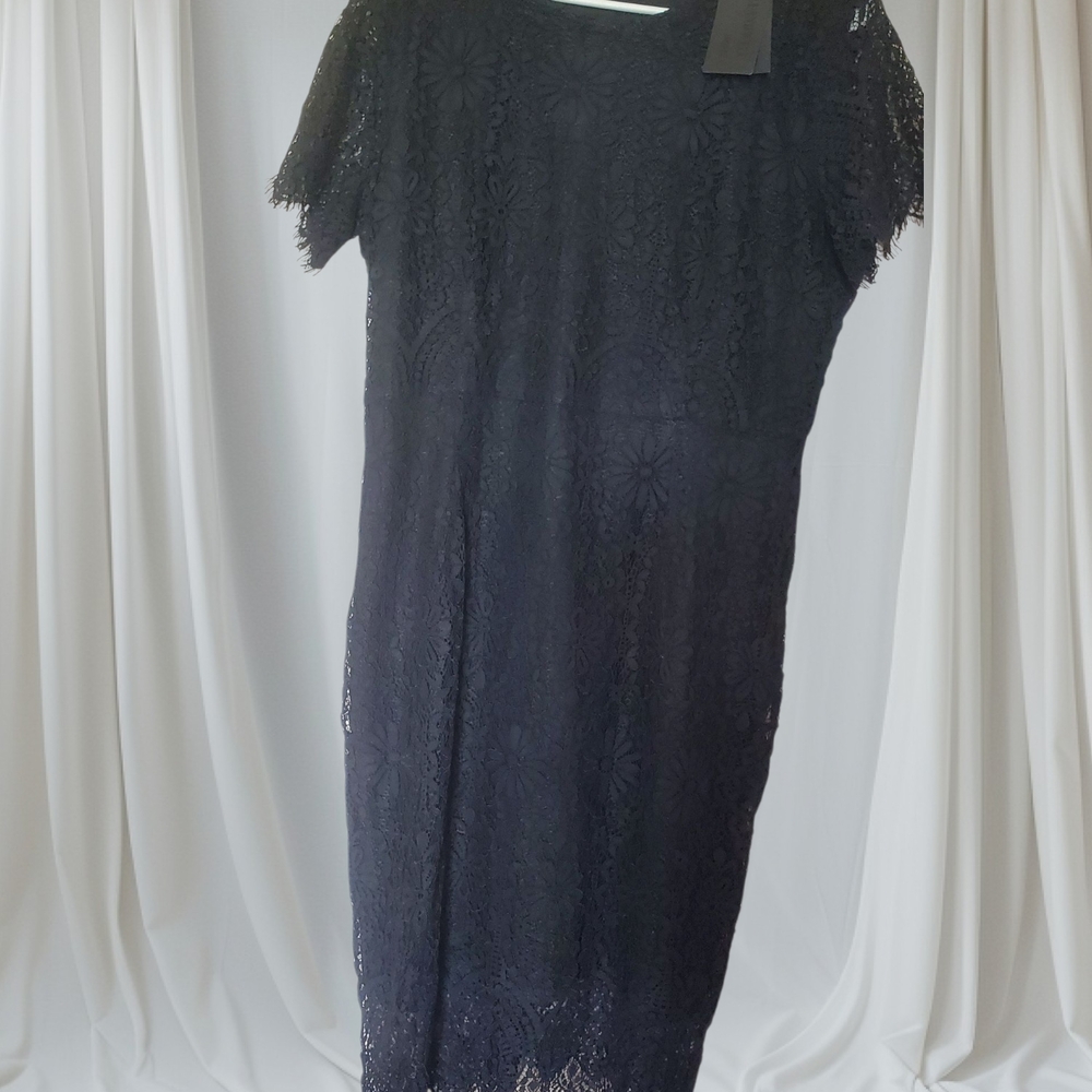 Blue and Black Sheath Midi Dress with Flutter Sleeves
